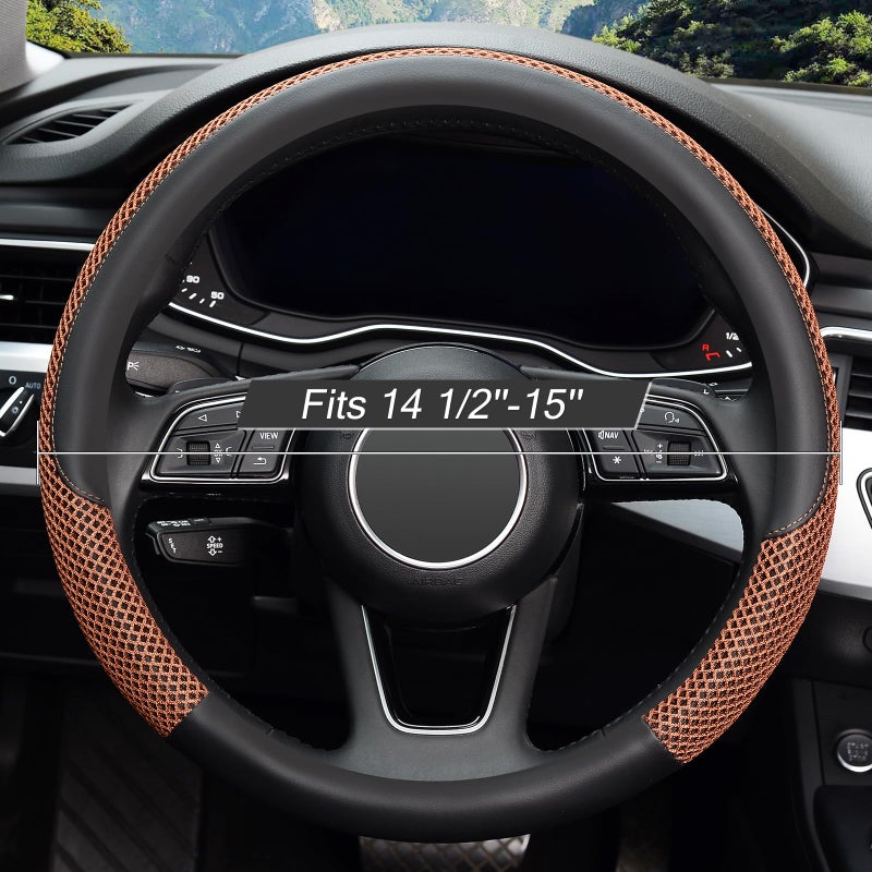KAFEEK Steering Wheel Cover, Universal 15 inch, Microfiber Leather Viscose, Breathable, Anti-Slip,Warm in Winter and Cool in Summer, Black&Brown - Image 2